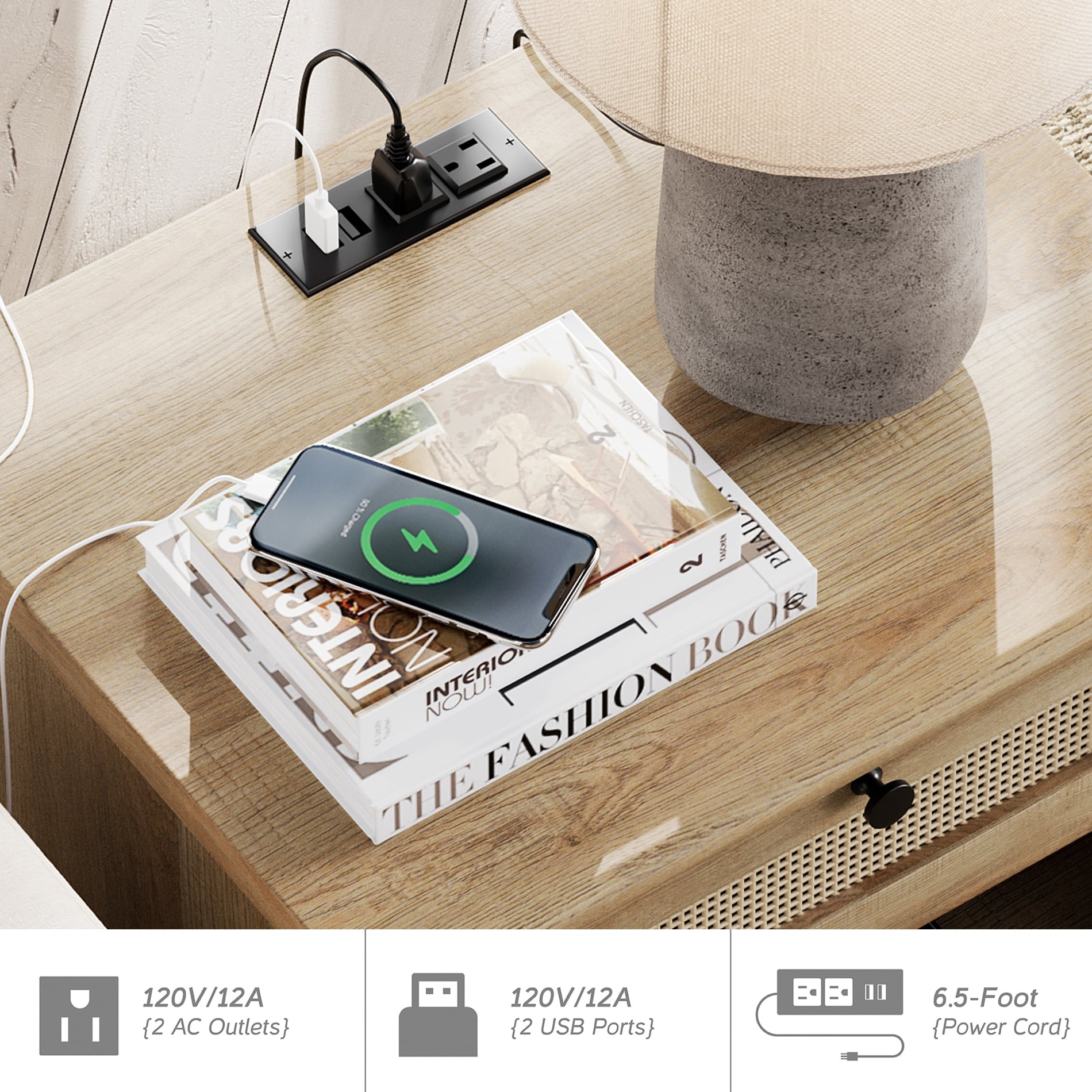 Rattan End Table with Charging Station for Living Room Bedroom, Wood Side Table Nightstand for Kids room, Light Oak