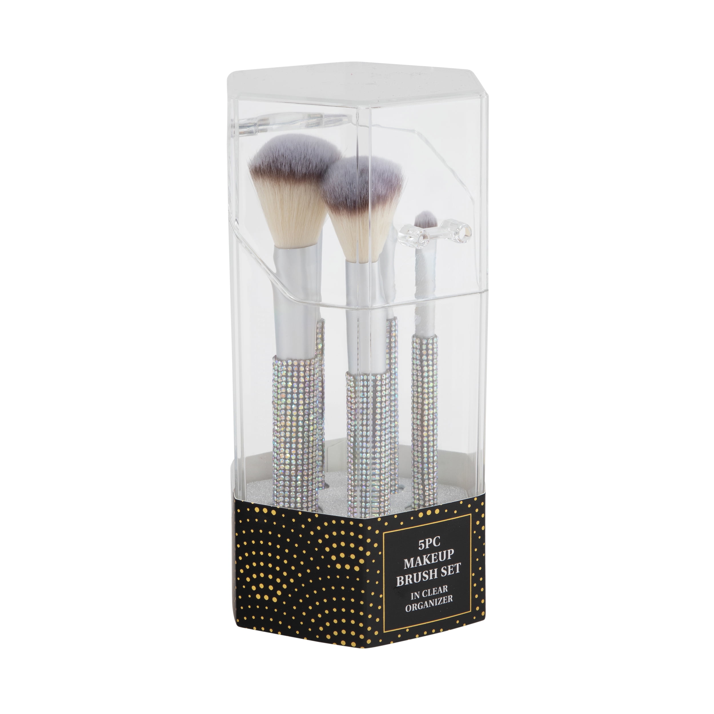 5pc Bling Brush Set with Polystyrene Holder. Face and Eye Brushes for Professional Look. Holds brushes  upright to keep them clean and tidy.