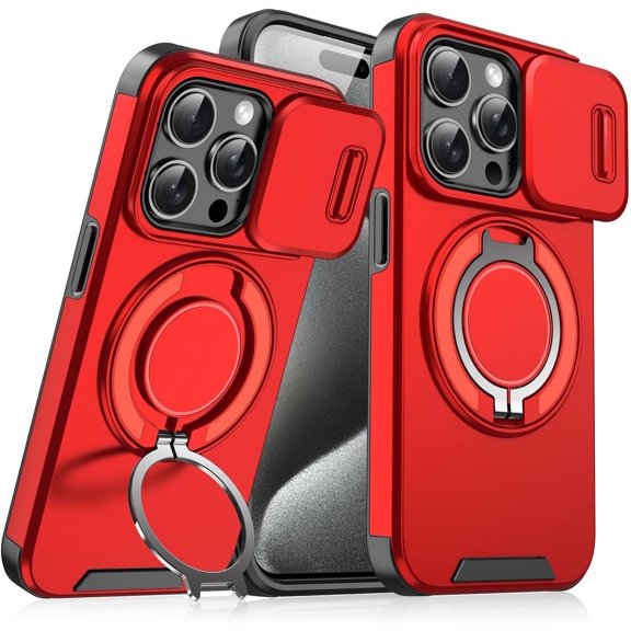 Case for iPhone 15,Military Grade [Built-in Kickstand] Magnetic Rotate Ring Holder Heavy Duty TPU PC Shockproof Drop Protect Phone Case for iPhone 15,6.1 inch 2023 (Red)