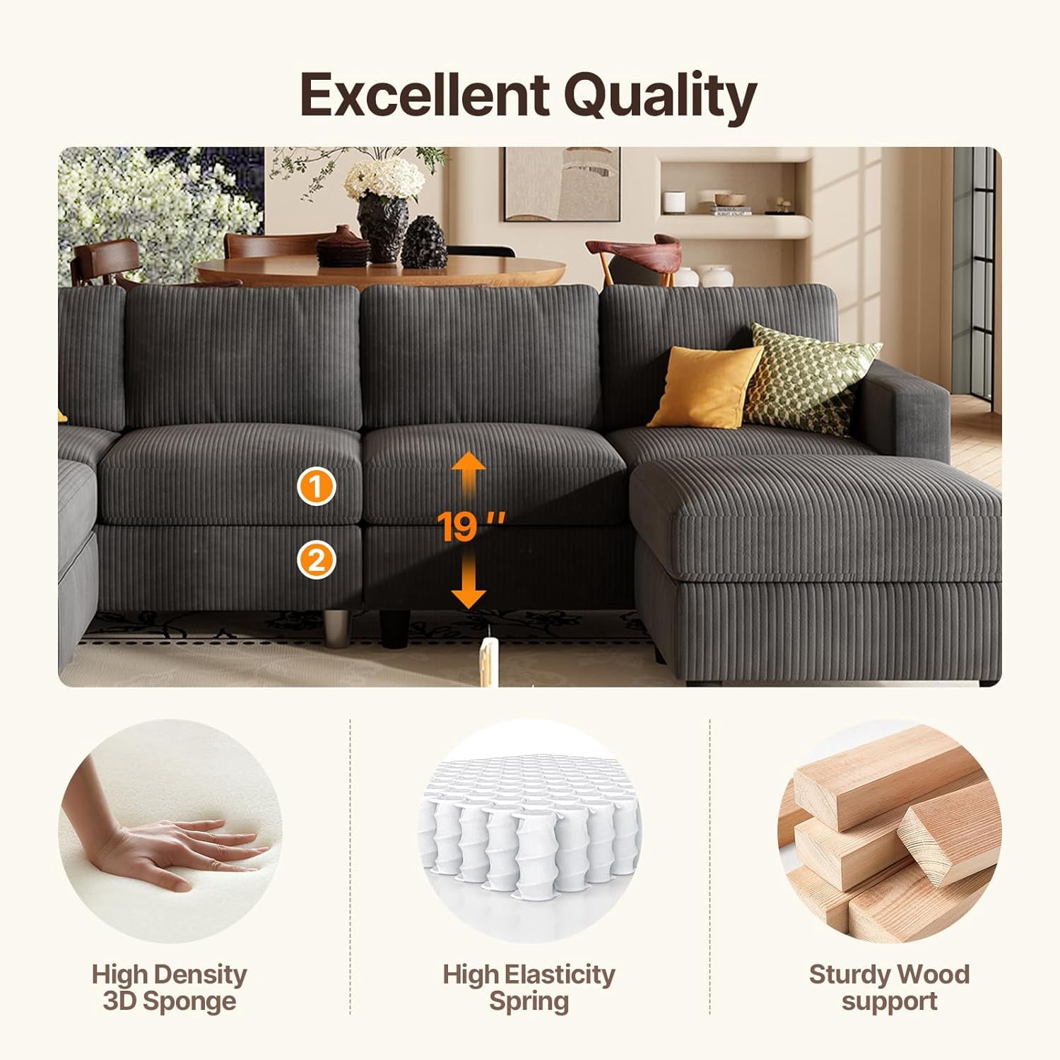 AENKYO U-Shaped Sectional Sofa Couch with 2 Ottomans, Convertible 4-Seat Living Room Furniture with Removable Cushions, Gray