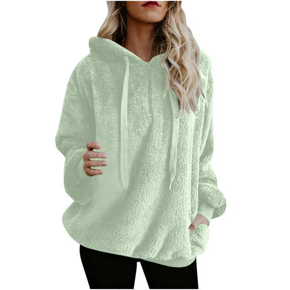 JSheng Women's Fleece Sweatshirts Tops Fall Winter Fashion Solid Color Long Sleeve Pocket Warm Pullover Hooded Top Green L