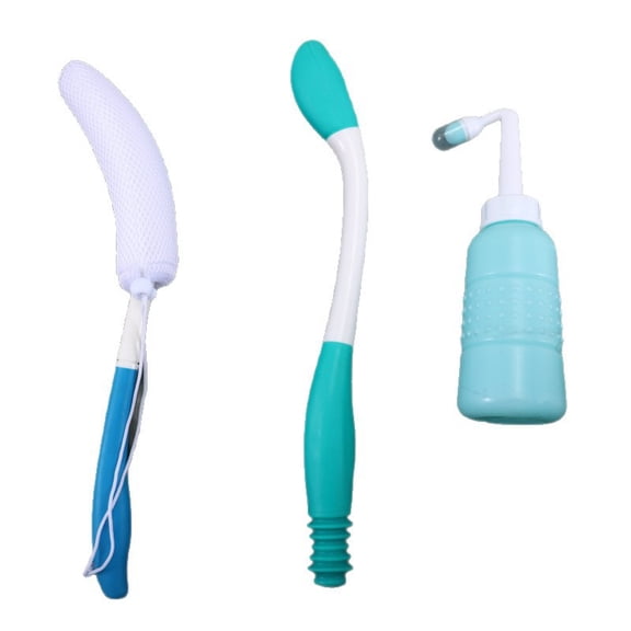 Ouxumoll 3-Piece Toilet Aid and Bathing Set, Long Reach Bottom Wiper Tool for Women, Portable Perineal Wash Bottle