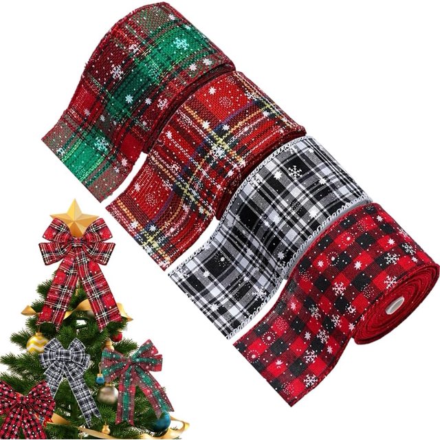 YISITIAN 4 Rolls Christmas Ribbon, Plaid Webbing for Holiday Gift Wrapping, DIY Fall Crafts and Christmas Tree Decorations AZ1014-4685