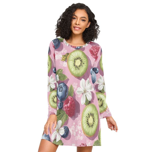 FORMRS Womens Long Sleeve Nightgowns Crew Neck Sleep Shirt Soft Pajamas Sizes S-3XL, Pink Blueberries