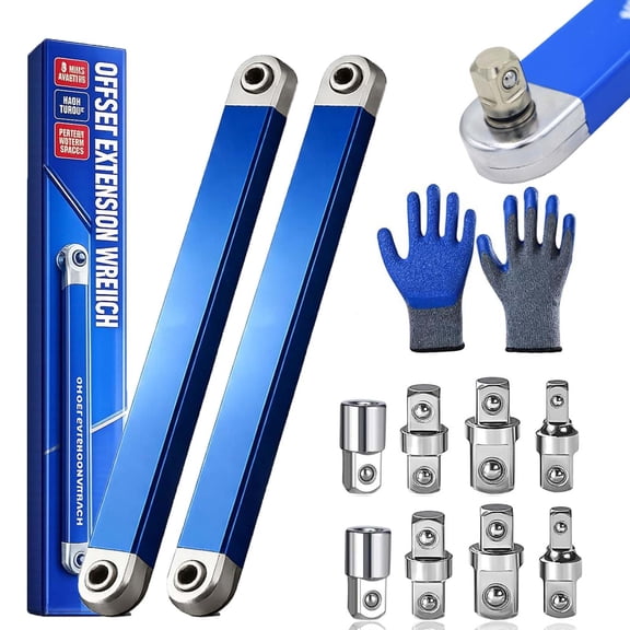 2026 New Offset Extension Wrench Set, 15-Inch Impact Ready Tight Reach Wrench with Chain Drive Technology, 1/4", 3/8" & 1/2" Drive Adapters, Zero Degree Ratchet Tool for Car (2Set)