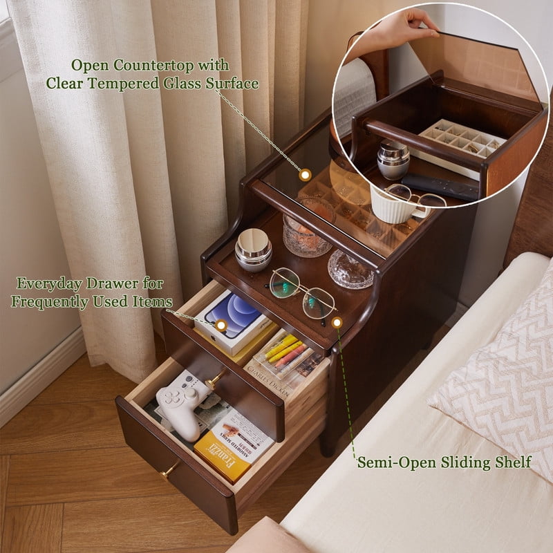 1PCS Solid Wood Nightstand with Drawers and Pull-Out Panel, Bedside Storage Table with Glass Flip Top, Sofa Side Table