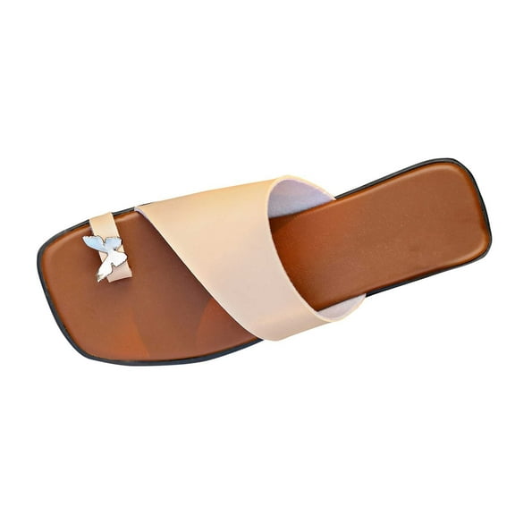 LOVZFMLL Women's Slide Sandals Ring Toe Flat Sandals Slip On Square Open Toe Flip Flop Thongs Casual Summer Beach Slippers White 5.5