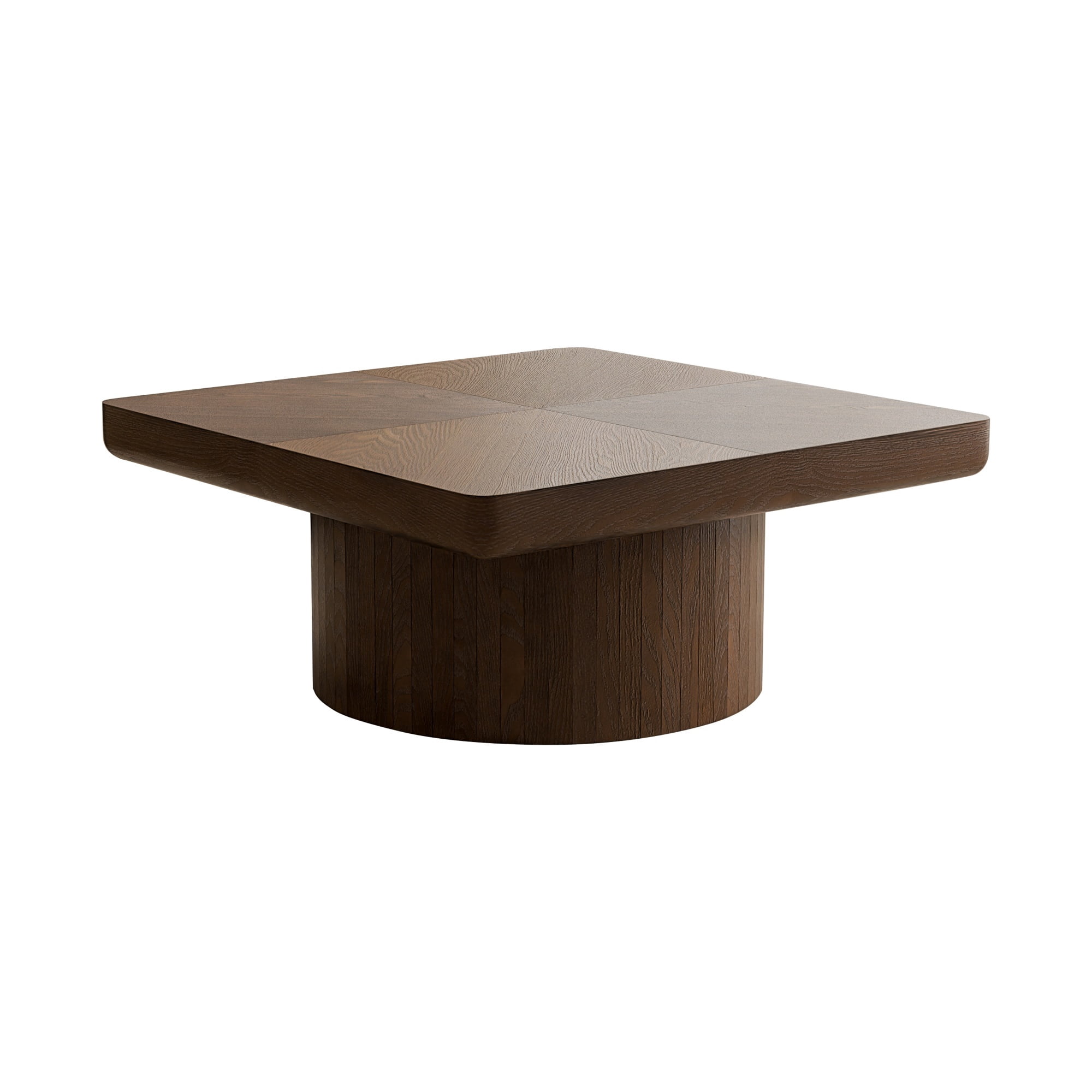 34.6'' Square Coffee Table with Fluted Cylindrical Base, Solid Wood End Table with Thickened Tabletop, Modern Cocktail Table
