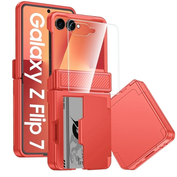 Vizvera for Samsung Galaxy Z Flip 7 Phone Case with Card Holder RFID Blocking,Built in Hinge Protection, Screen Protector-Rose Red
