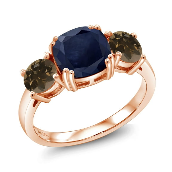 Gem Stone King 18K Rose Gold Plated Silver Blue Sapphire and Brown Smoky Quartz 3 Stone Engagement Ring for Women (3.82 Cttw, Gemstone September Birthstone, Cushion 8MM, Size 6)