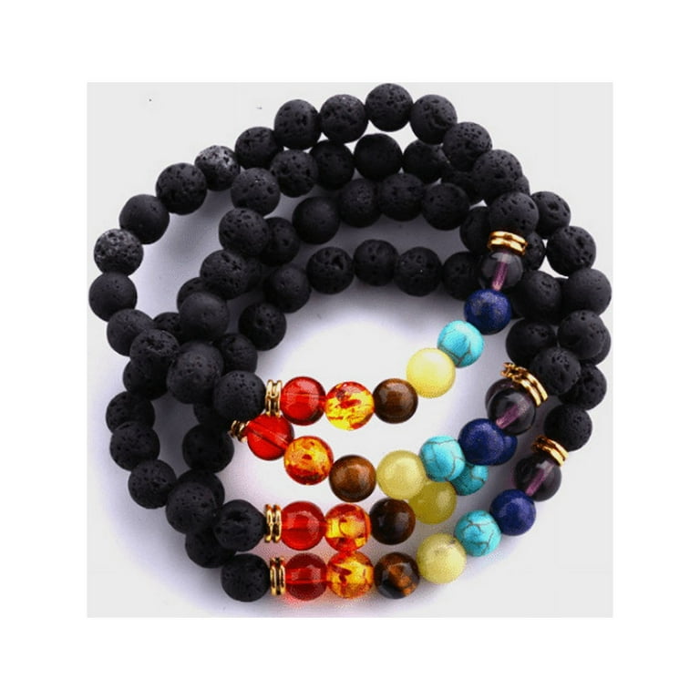 Black Lava Stone 7 Chakra Bracelets, 8mm Yinyang Rock Bead Elastic Natural Gemstones Oil Diffuser Yoga Menditation Beads Bracelets for Men Women