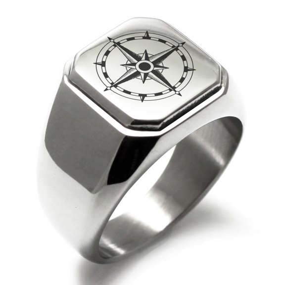 Tioneer Stainless Steel Sun Dial Compass Engraved Square Flat Top Biker Style Polished Signet Ring