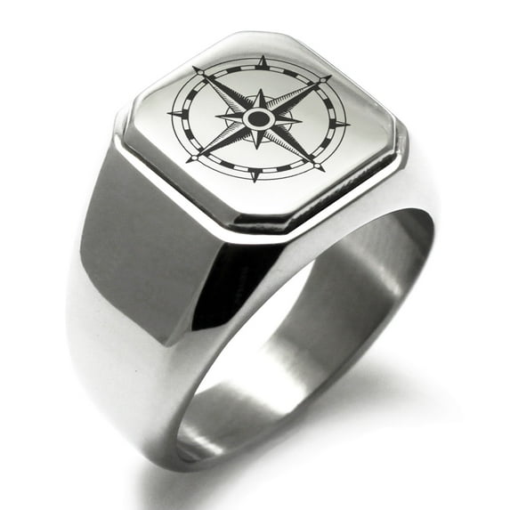 Stainless Steel Sun Dial Compass Engraved Square Flat Top Biker Style Polished Signet Ring