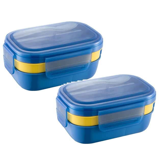 Oleegame 2PC Produce Storage Box Lunch Box Neutral Lunch Box Stackable Split Lunch Box 67 Ounces Built In Cutlery 3 Compartments Microwave And Dishwasher Blue