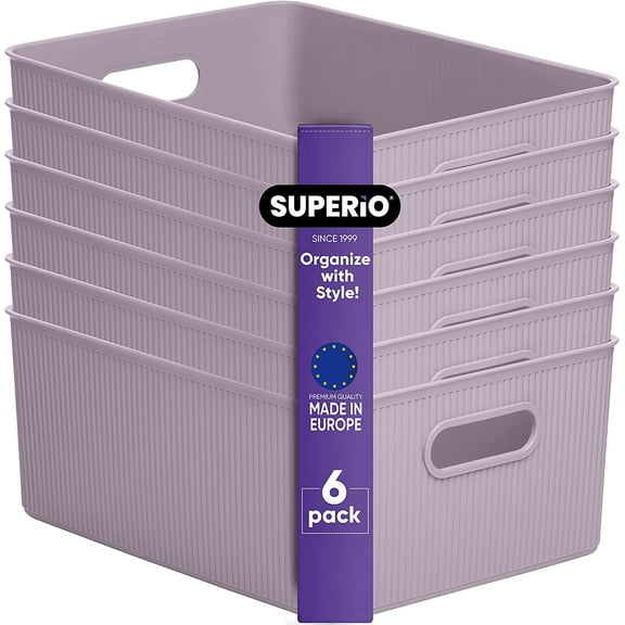 Superio Ribbed Plastic Storage Basket Organizer (6 Pack), 15 Liter Classic Closet Storage Bin for Shelf, Desk, Pantry â Store Toys, Clothes, Cosmetics, Stationary â Lilac