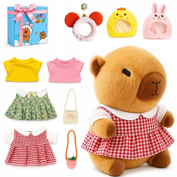 YSZZYSM Capybara Plush Set with 9 Dress-Up Pieces, Stuffed Animal Toy with Outfits & Accessories for Kids Girls Ages 3-7