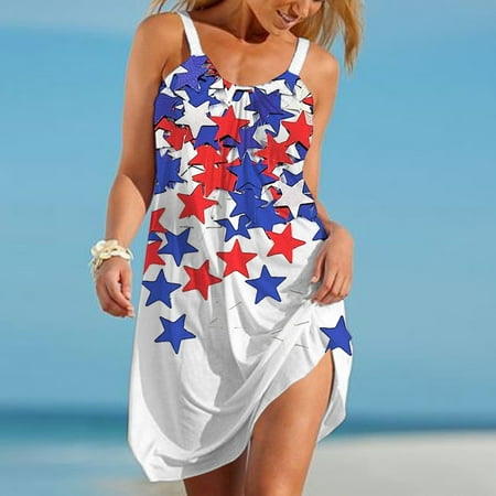 

Hvyesh 4th of July Dresses Women Summer Plus Size Midi Dress Patriotic Graphic Round Neck Sundresses Vacation Spaghetti Strap Sleeveless Soft Dresses 2023 White
