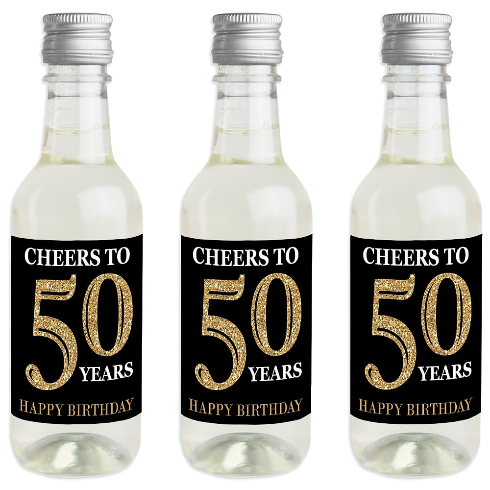 Adult 50th Birthday - Gold - Mini Wine and Champagne Bottle Label Stickers - Birthday Party Favor Gift for Women and Men