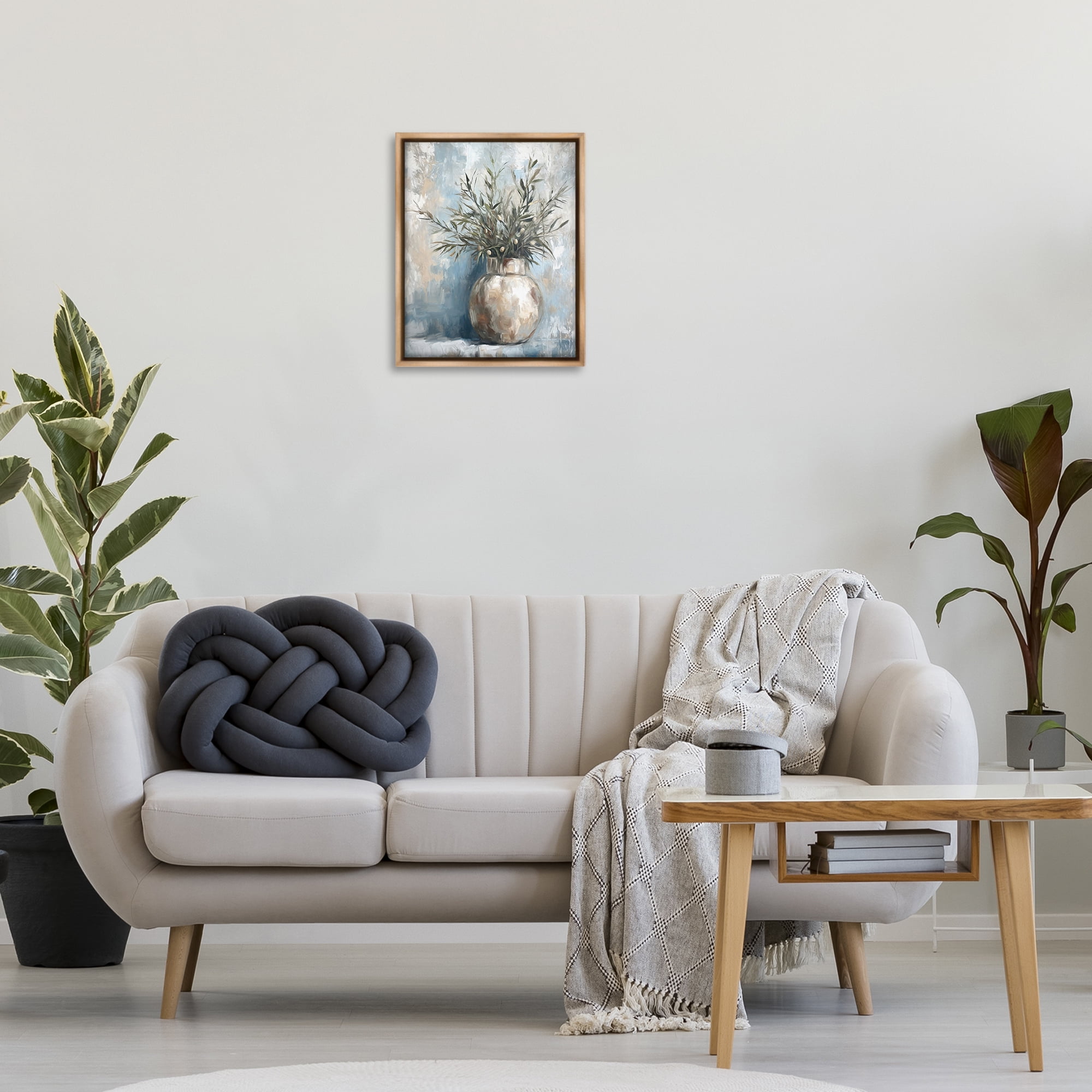 Stupell Industries Potted Olive Branches Botanical & Floral Painting Brown Floater Framed Canvas Art Print Wall Art, 17 x 21