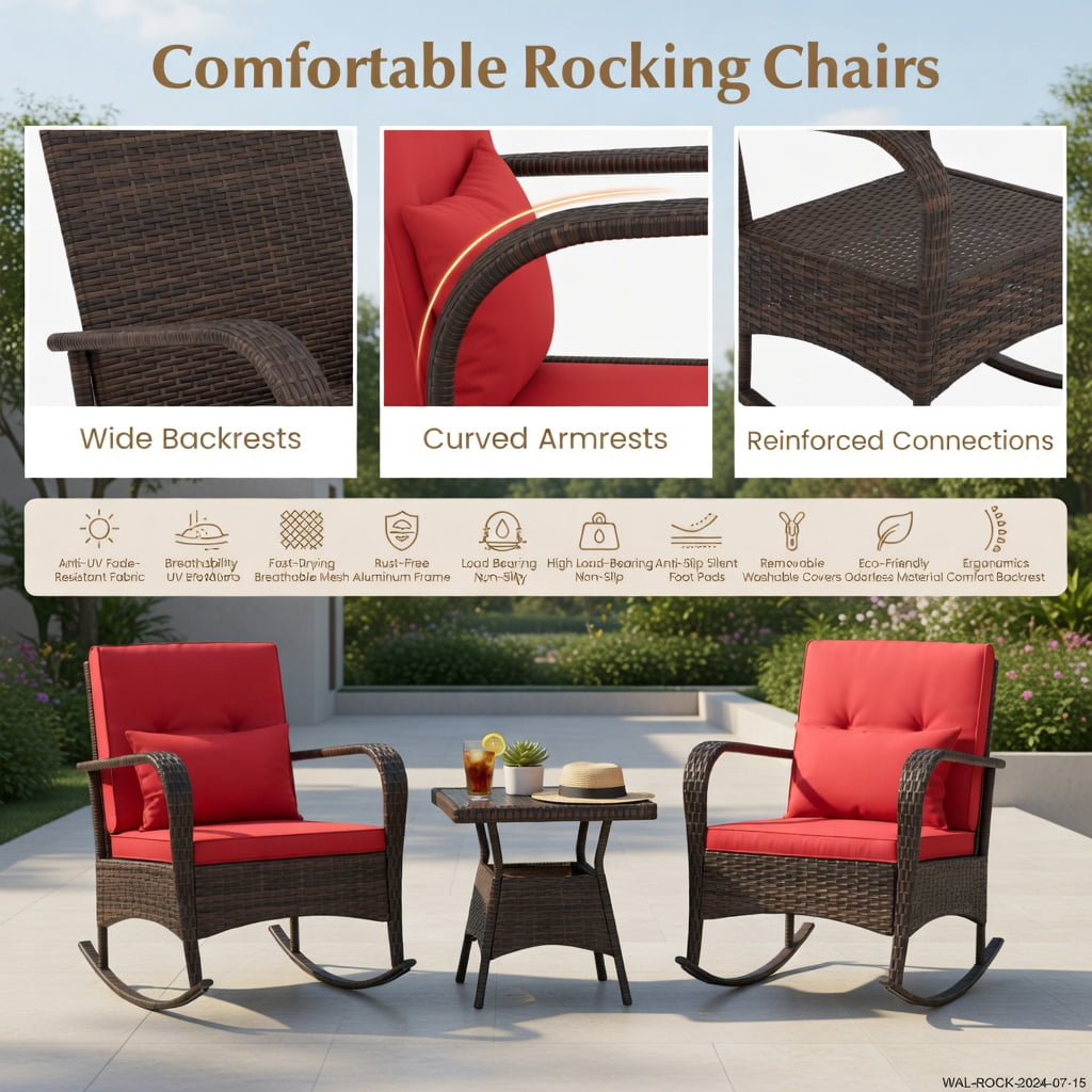 Hommoo 3-Piece Outdoor Rocking Chair Set with Tempered Glass Coffee Table, PE Rattan & Metal Frame for Backyard, Patio, Poolside, Red