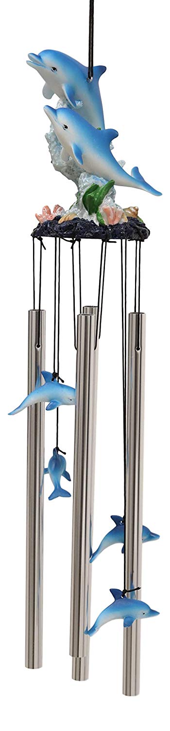 Ebros Nautical Marine Dolphin Family Swimming by Coral Reef Wind Chime 21" Long