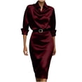 thumbnail image 3 of TaTaai Womens Dresses Long Sleeve Turndown Collar Solid Button Back Split Midi Dress with Belt Silky Smooth Lustrous for Fall, 3 of 7