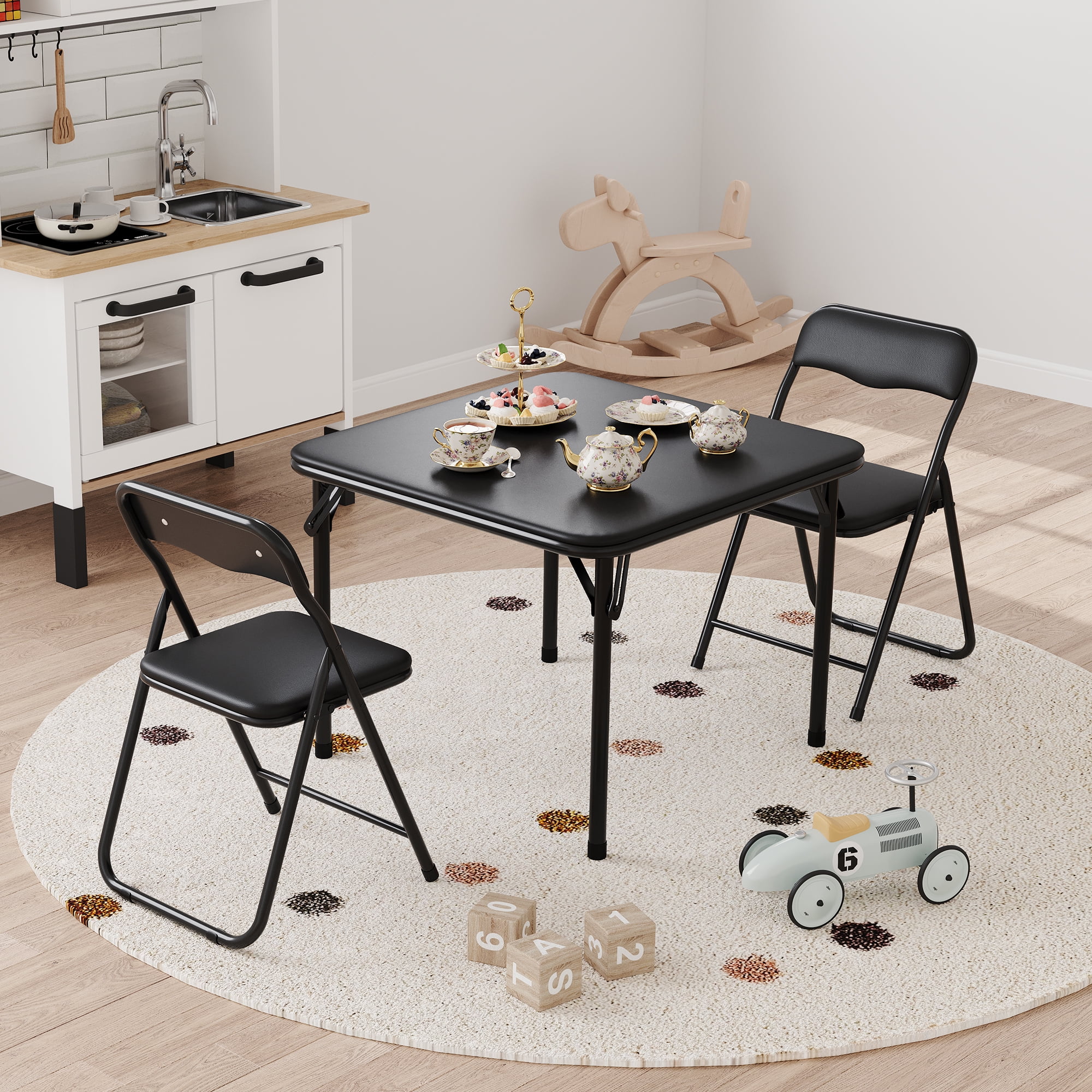 Danolapsi Kids Table and 2 Chairs Set,Kids Folding Table and Chairs Set,Portable Toddler Table and Chair with PU Soft Cushion for Ages 2-7, Suitable for Kids' Eating,Reading and Playing