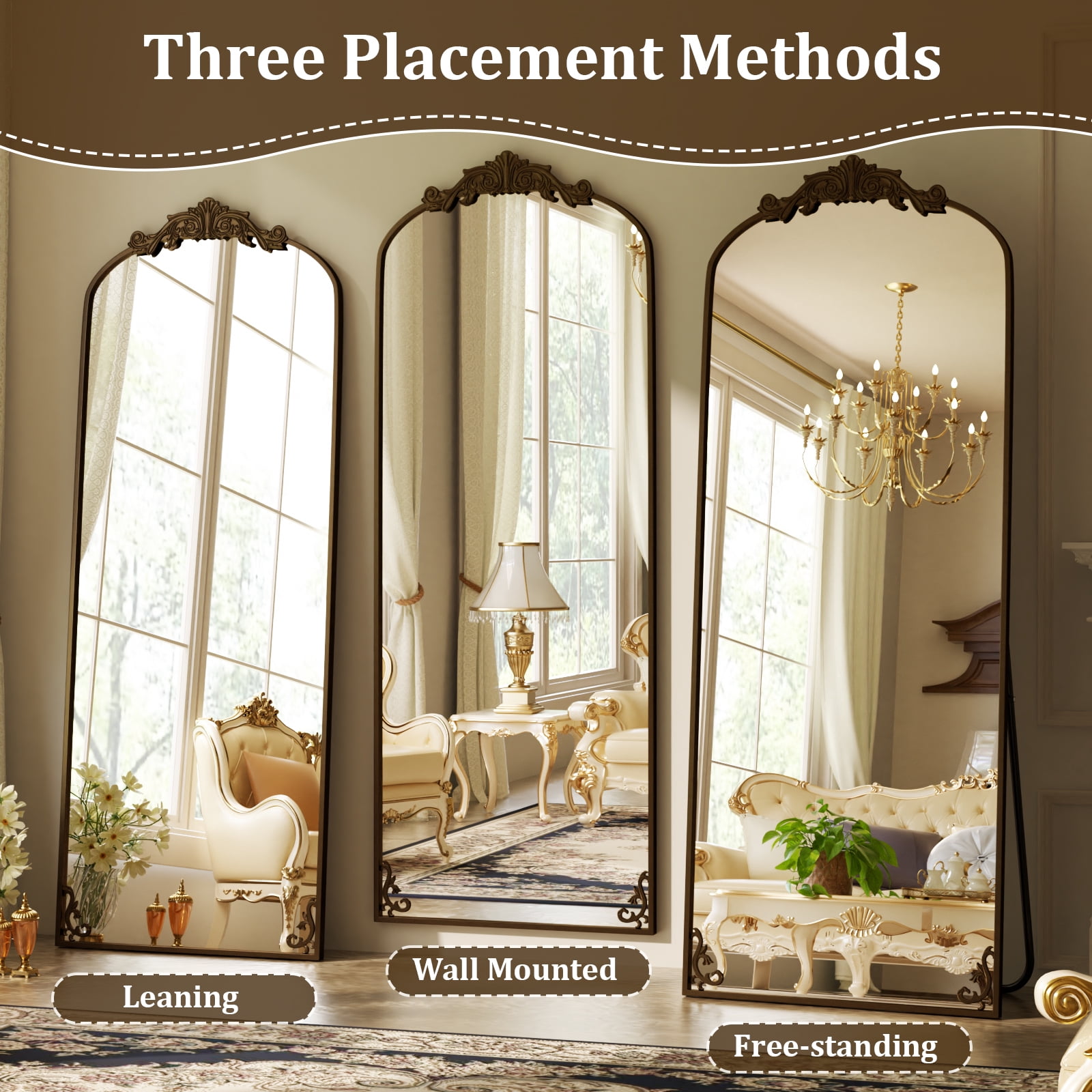 Easy4Home 73"x32" Vintage Arched Full Length Mirror Standing Floor Mirror with Baroque Style Carving Metal Frame, Antique Bronze