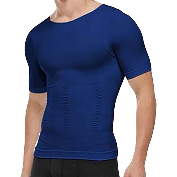 YOTMKGDO Mens T-Shirts Men's Body Shaper Slimming Shirt Tummy Vest Thermal Compression Base Layer Slim Muscle Short Sleeve Shapewear, Blue Medium
