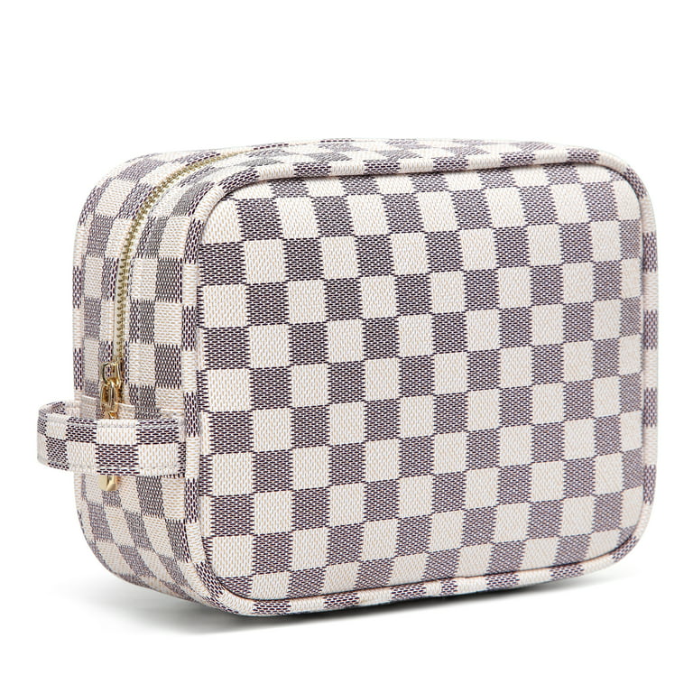 Daisy Rose Cosmetic Toiletry Bag PU Vegan Leather Travel Bag for Women -  Cream Checkered