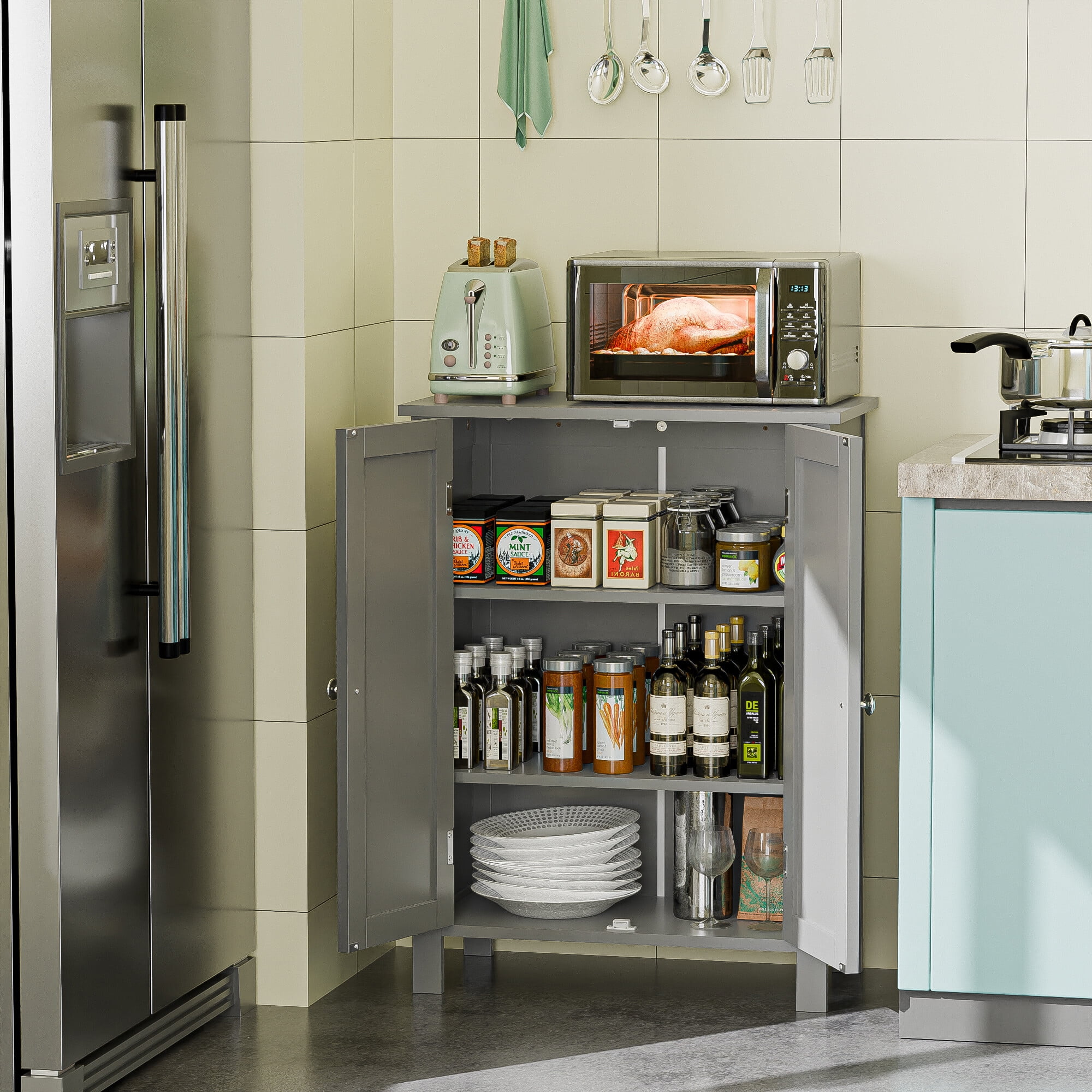 HomGarden 2-Door Bathroom Floor Storage Cabinet Side Cupboard W/ Adjustable Shelves,Gray