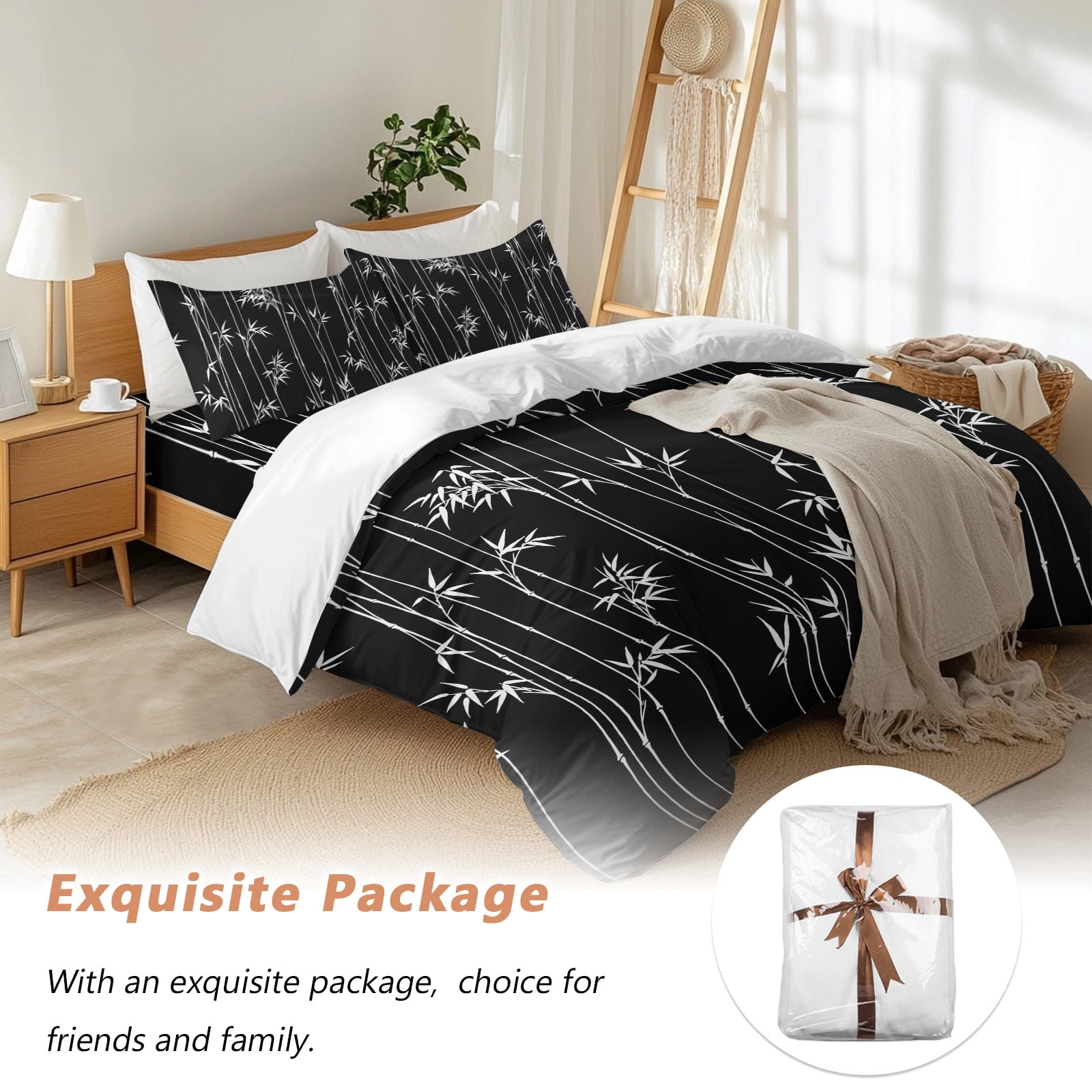 Black Bamboos Comforter Set Queen Size, Minimalist White Bamboos Stems Leaf Soft Bedding Set for Man Woman, 4 Pieces Duvet Cover Set with Fitted Sheet, 2 Pillowcases