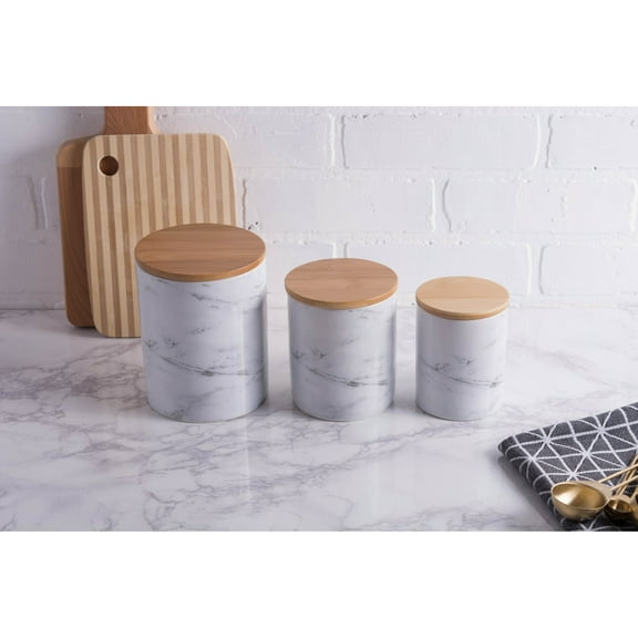 Contemporary Home Living Marble Ceramic Kitchen Storage Canisters - 5.5" - White and Brown - Set of