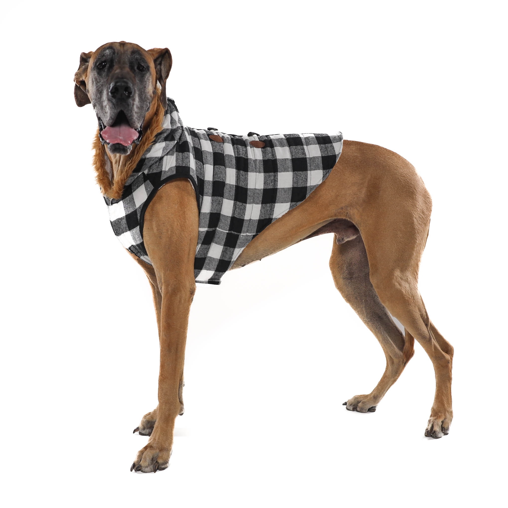 Vibrant Life Dog Clothes: Black & White Buffalo Plaid Peacoat, XL