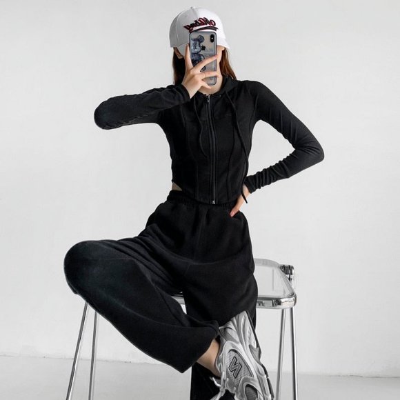 Deeptown Vintage Women Zip Up Hoodies Streetwear Sweatshirts Tunics Cropped Cardigan Female Basic Casual Top - Black / Asian S
