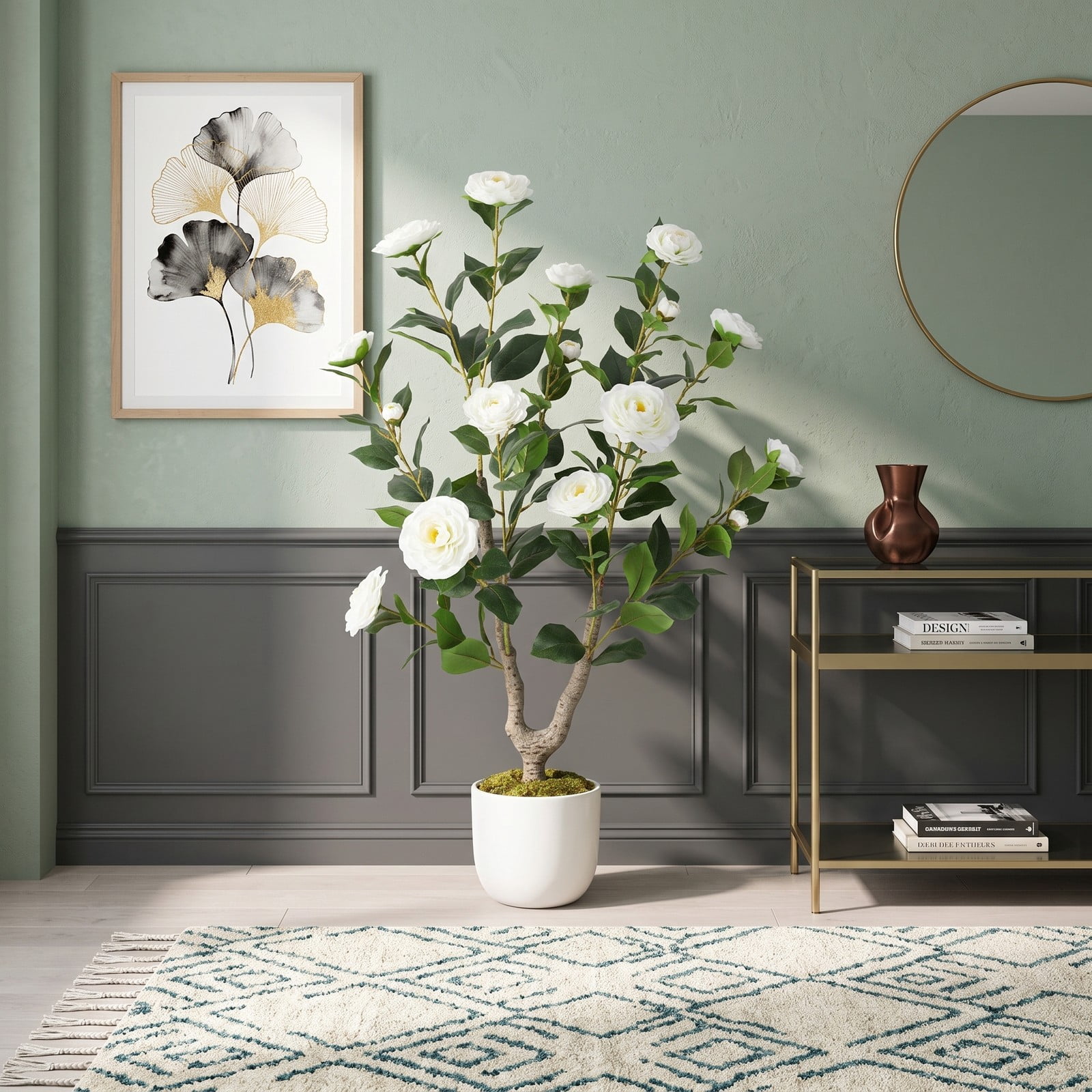 ALPULON 36 Inch Artificial Camellia Tree with Blooming Flowers, Set of 2 Faux Potted Camellia Plants with Cement-Filled Pots for Home Office Wedding Front Door, White