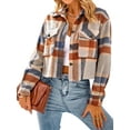 thumbnail image 3 of SLADYGLO Women Plaid Lapel Collar Button Down Pockets Cropped Flannel Shacket, 3 of 4