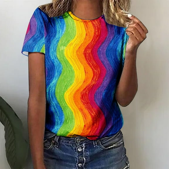 Busydd Womens Summer Tops Casual Round Neck Short Sleeve T-Shirt Tops Fashion Loose Fit Blouse Colorful Printing Blouse Tops