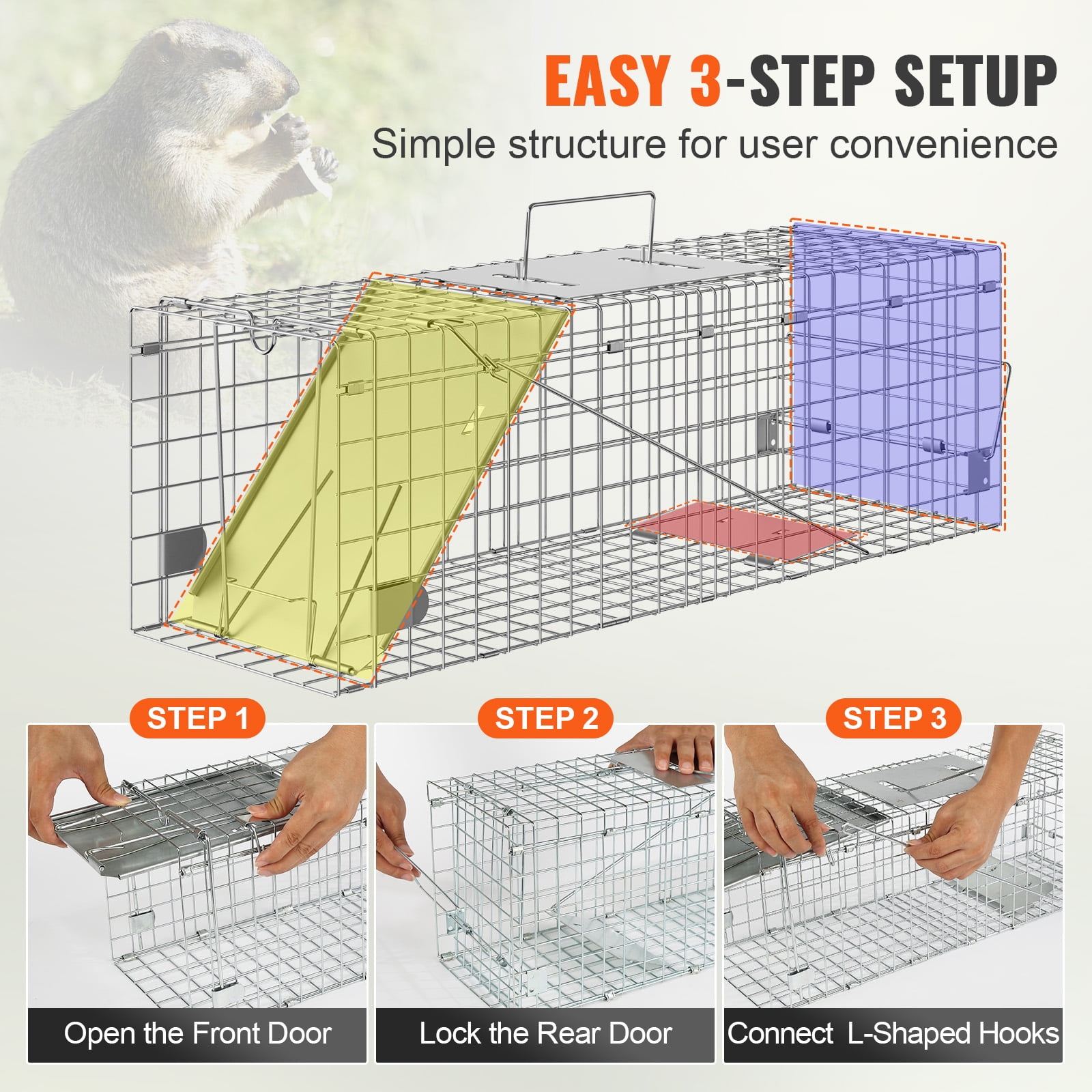 KFFKFF Live Capture Animal Trap 24"x8"x8", Durable Galvanized Iron Cage, Collapsible Design with Carrying Handle for Safe Transport of Rabbits, Feral Cats, Squirrels