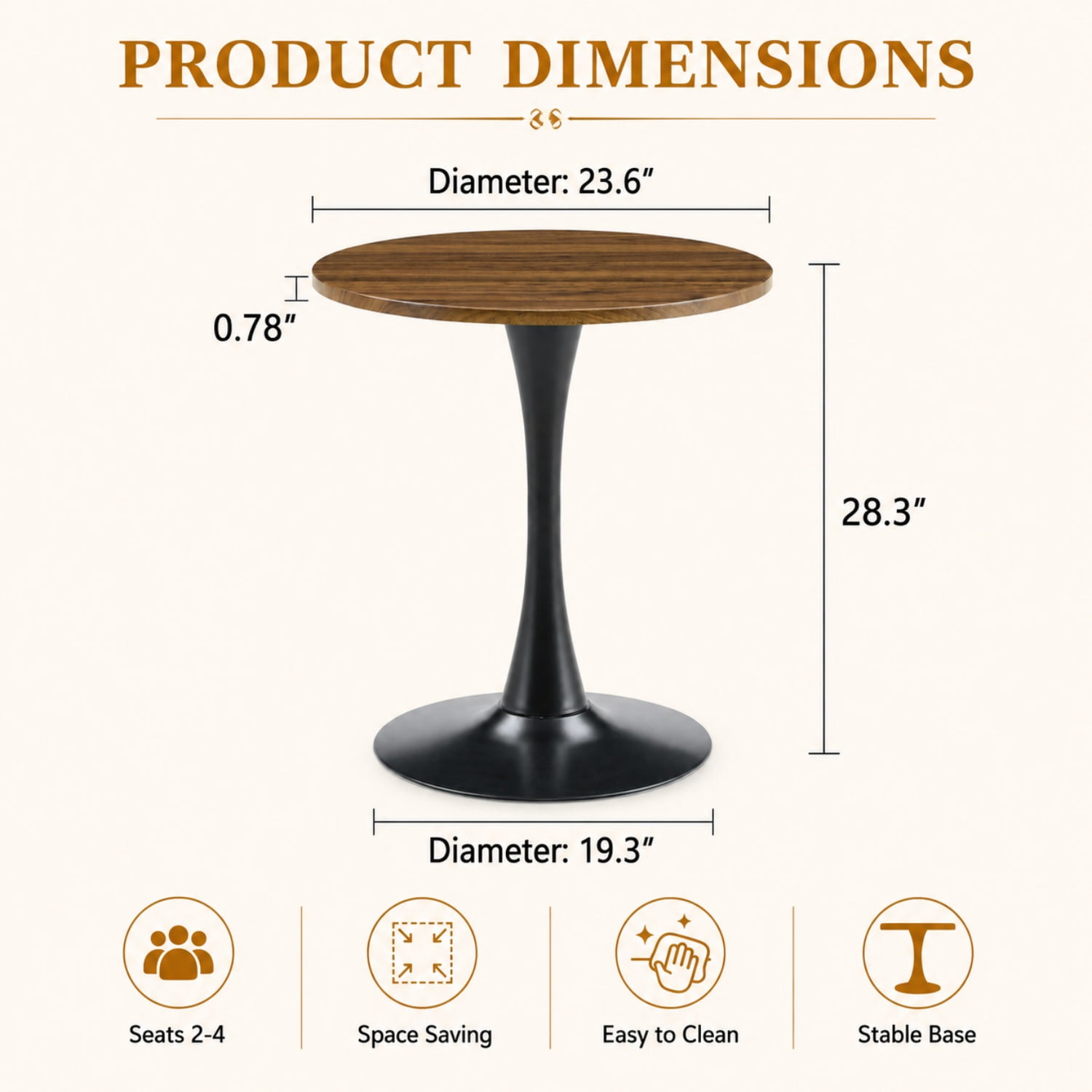 Miniyam 23.6” Round Dining Table, Small Pedestal Tulip Style Table for 2–4 People, Wooden Top with Metal Base, Dark Walnut