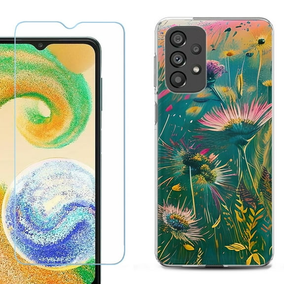 Shockproof Fashion Phone Case for Samsung Galaxy A23 5G, with Tempered Glass Screen Protector, by OneToughShield ® - Flower Wind