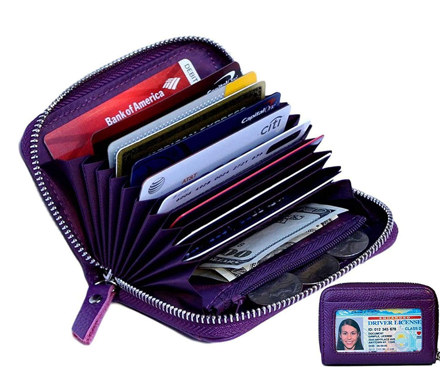 Womens Leather Credit Card Holder Wallet Purse Rfid Trifold Thin Zipper Wallet 