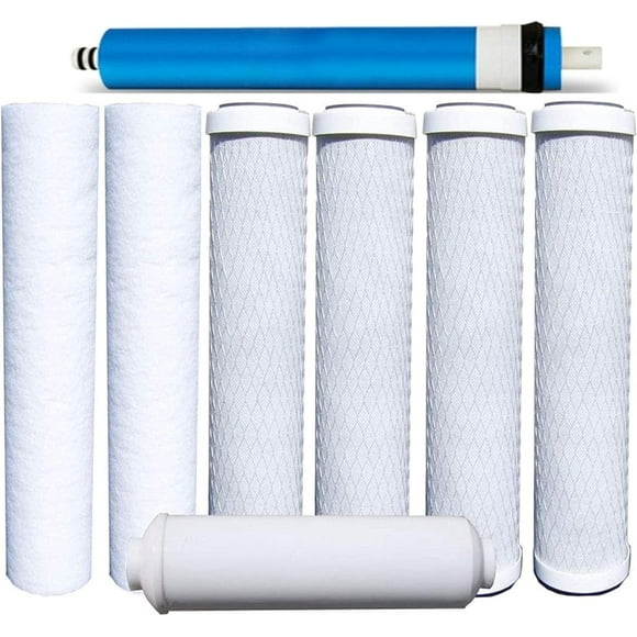 8 Pack 5-Stage Water Filter Set includes Sediment, Carbon Block, Inline Cartridges and 50 GPD Membrane Compatible with 10" Filter Housings Models Reverse Osmosis Replacement Set