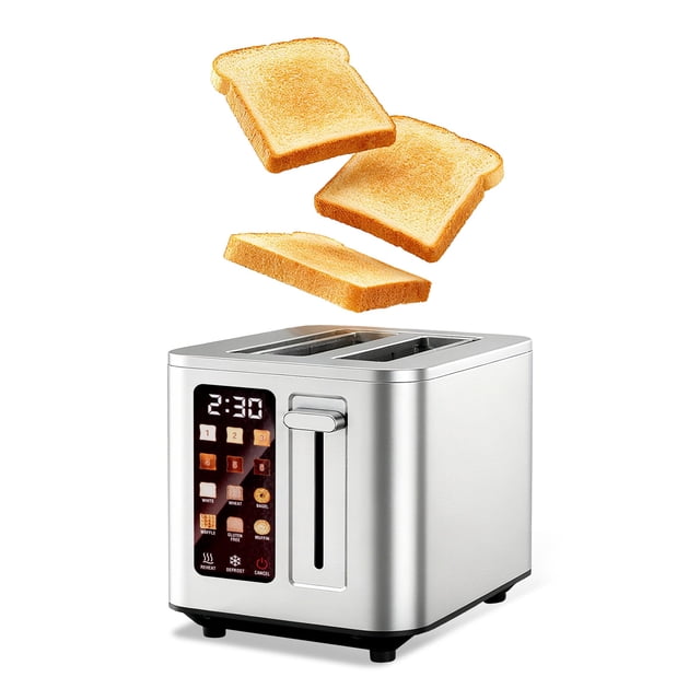 TAZTIR Touch Screen Toaster 2 Slice, Stainless Steel Toasters Digital Timer 2 Slot Toasters, 6 Shade Settings 6 Bread Types for Bagel,Defrost,