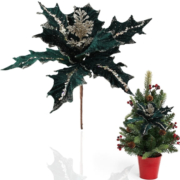 Clearance Under $4 5.9 Inch Artificial Christmas Glitter Flower with Clip, Flocked Velvet Poinsettia Ornament for Xmas Tree, Wreath & Holiday Decor (Green, 1-Pack)
