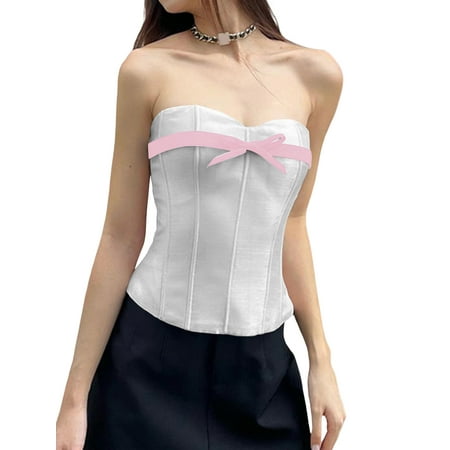 

Thaisu Women Corset Tube Tops Sleeveless Strapless Bow Bustier Cross Tie-up Bandeau Tops