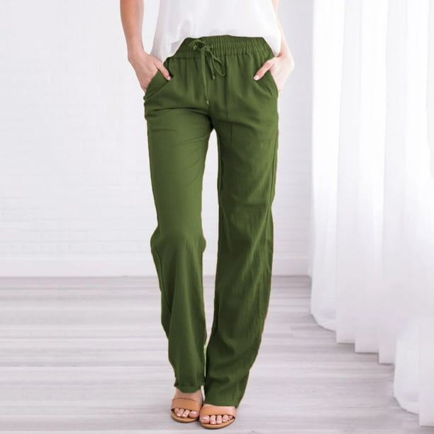 Women's Linen Pants Casual Solid Drawstring Loose Elastic Waist Straight Pants  Beach Pant Trousers with Pockets A1 