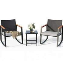 Lofka Patio Rocking Chairs Set with Glass Coffee Table, 3-Piece Outdoor Furniture Set for Balcony, PE Rattan, Gray