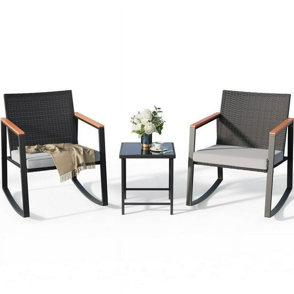 Lofka Patio Rocking Chairs Set with Glass Coffee Table, 3-Piece Outdoor Furniture Set for Balcony, PE Rattan, Gray
