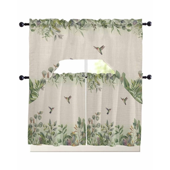 Hummingbird Swag Kitchen Curtains Sets for Windows 24 Inch Length, Sage Green Botanical Leaf Vintage Botanical Short Window Curtain Panels Swags Valances and Tiers 3 Piece Set for Cafe/Dining Room